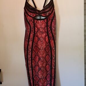 Fashion Nova Red and Black Snake Print Midi Dress